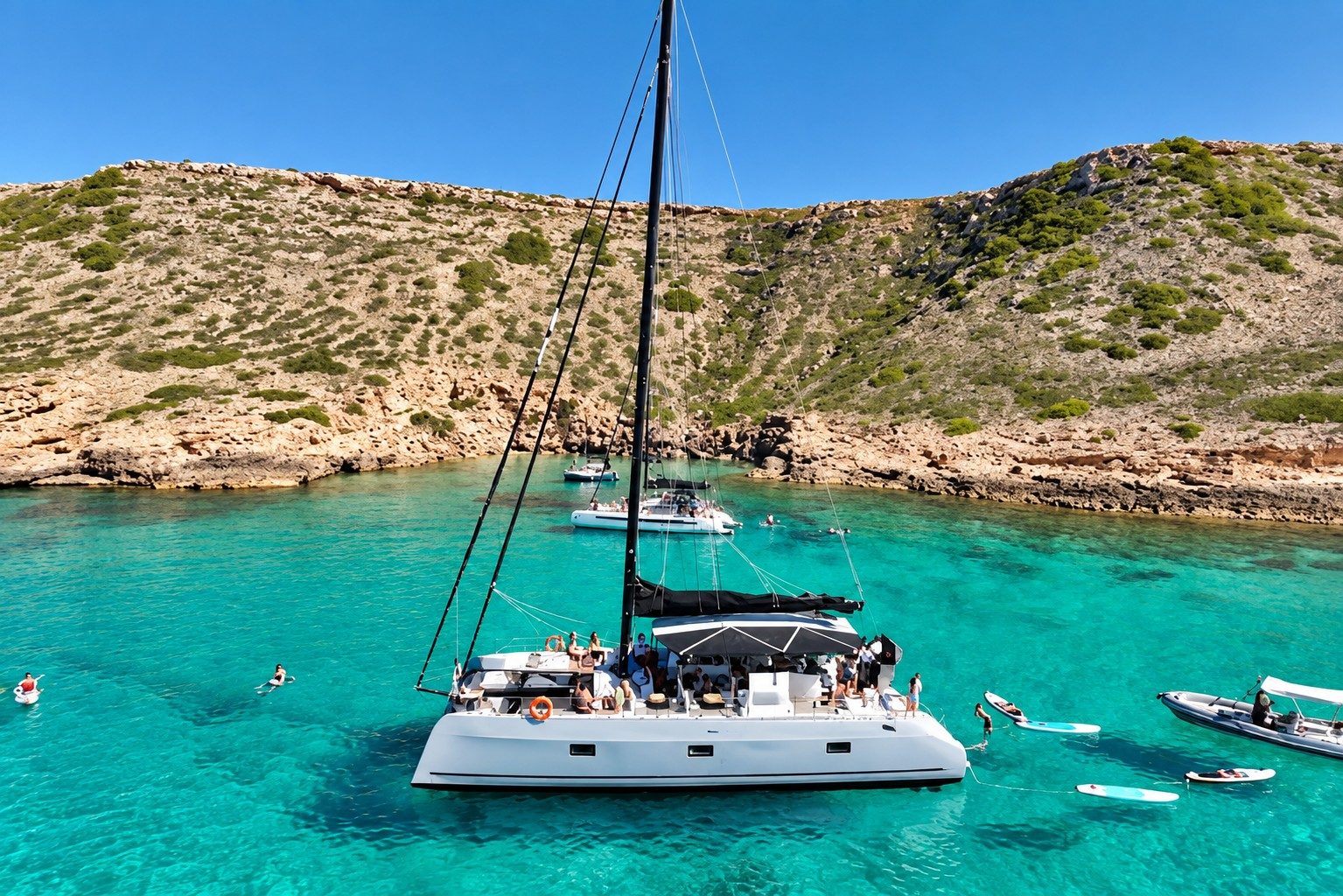Catamaran dans une crique turquoise